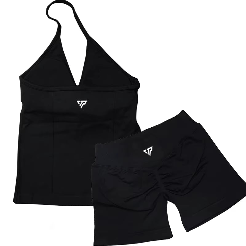 Elevate Your Workout Wardrobe with Our Stylish 2 Piece Women's Yoga and Gym Set Featuring a Seamless Lace-Up Bra and Trendy Shorts