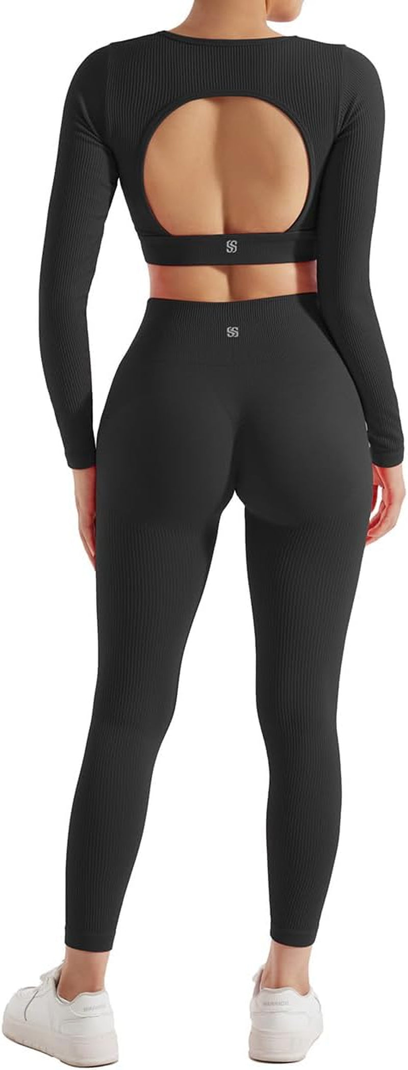 2 Piece Workout Sets for Women Long Sleeve Gym Sets Woman Butt Lifting Leggings Open Back Crop Tops