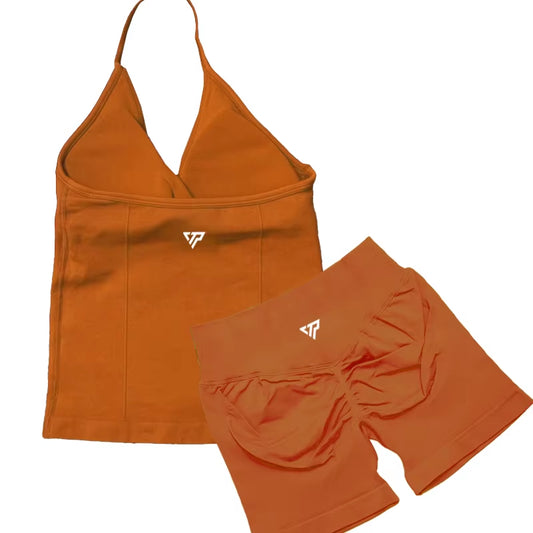 Elevate Your Workout Wardrobe with Our Stylish 2 Piece Women's Yoga and Gym Set Featuring a Seamless Lace-Up Bra and Trendy Shorts
