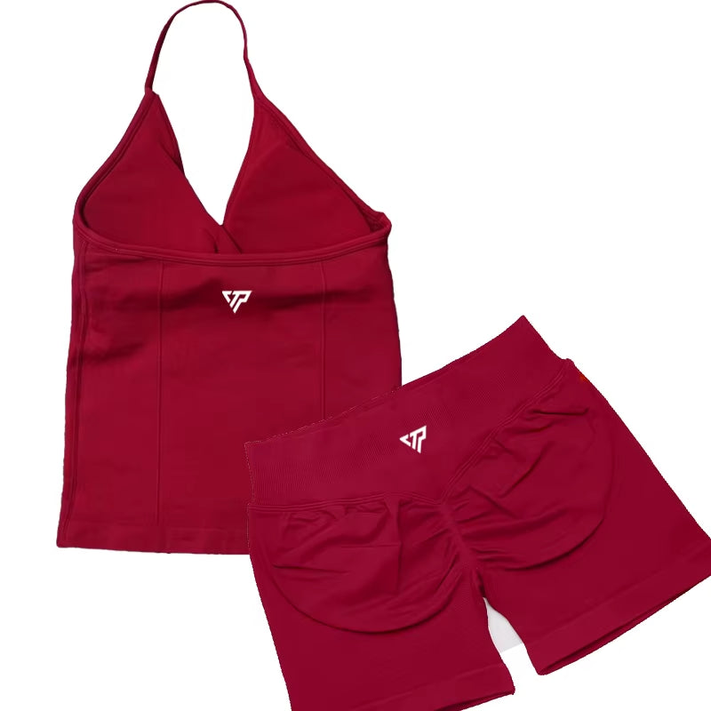 Elevate Your Workout Wardrobe with Our Stylish 2 Piece Women's Yoga and Gym Set Featuring a Seamless Lace-Up Bra and Trendy Shorts