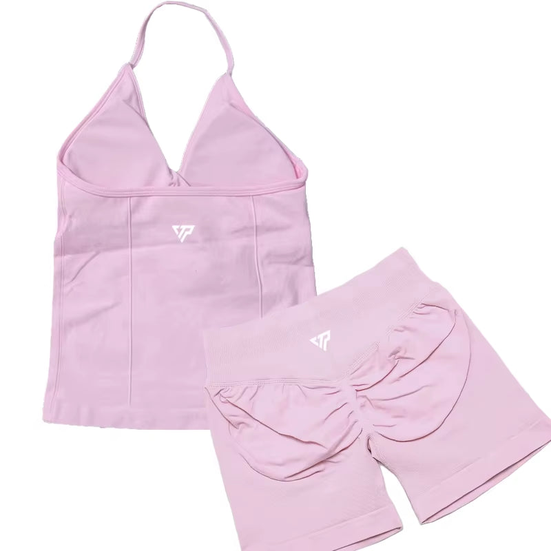 Elevate Your Workout Wardrobe with Our Stylish 2 Piece Women's Yoga and Gym Set Featuring a Seamless Lace-Up Bra and Trendy Shorts