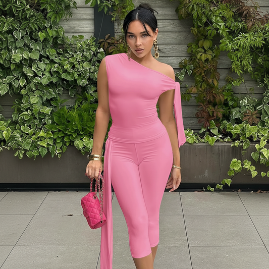 Solid One Shoulder Top & Knee Length Pants 2-piece set