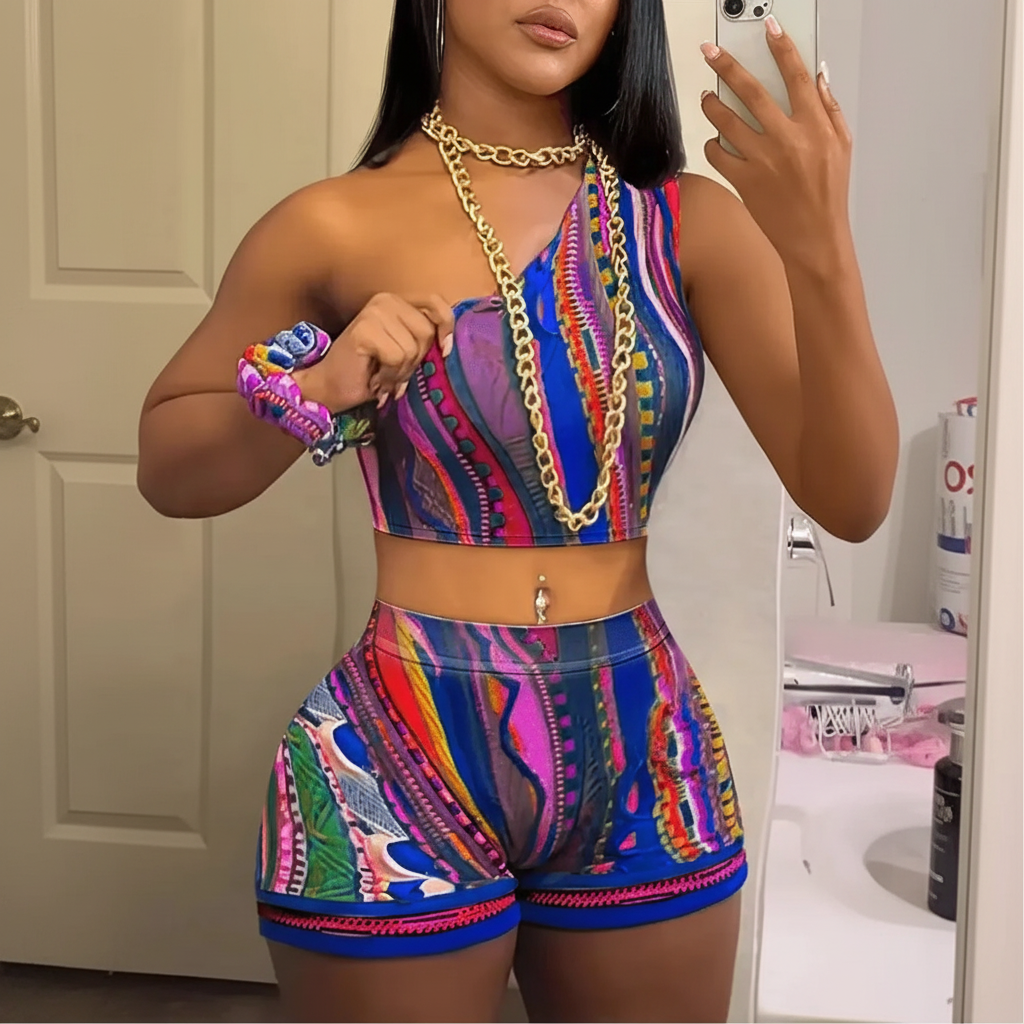 Striped Paisley One Shoulder 2 Piece Set