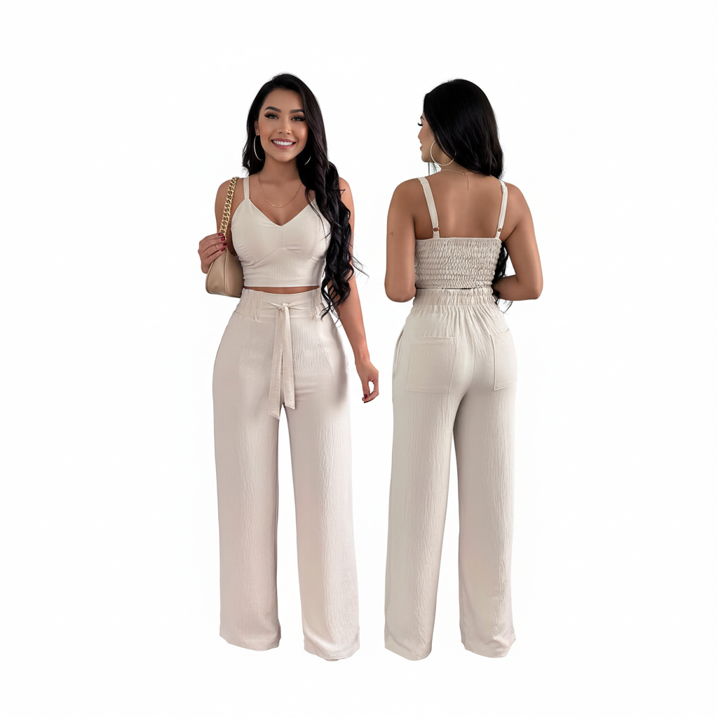 Slim Crop Top & Lace-Up Wide Leg Pants 2 Piece Set